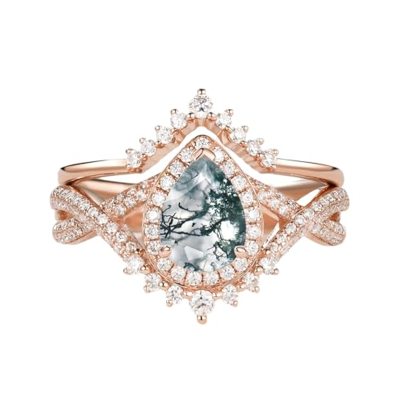 14K Rose Gold 1.5 to 5 CT Pear Cut Cut Moss Agate Custom Engraving Engagement Band