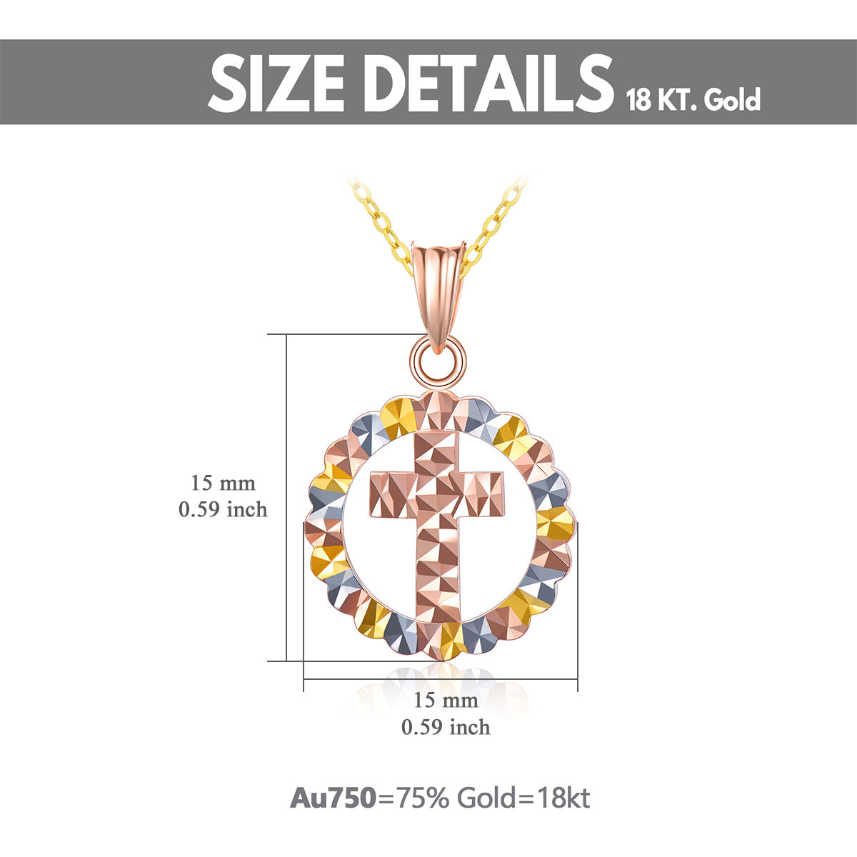 18K Gold Tri-Tone Cross Pendant Necklace For Women