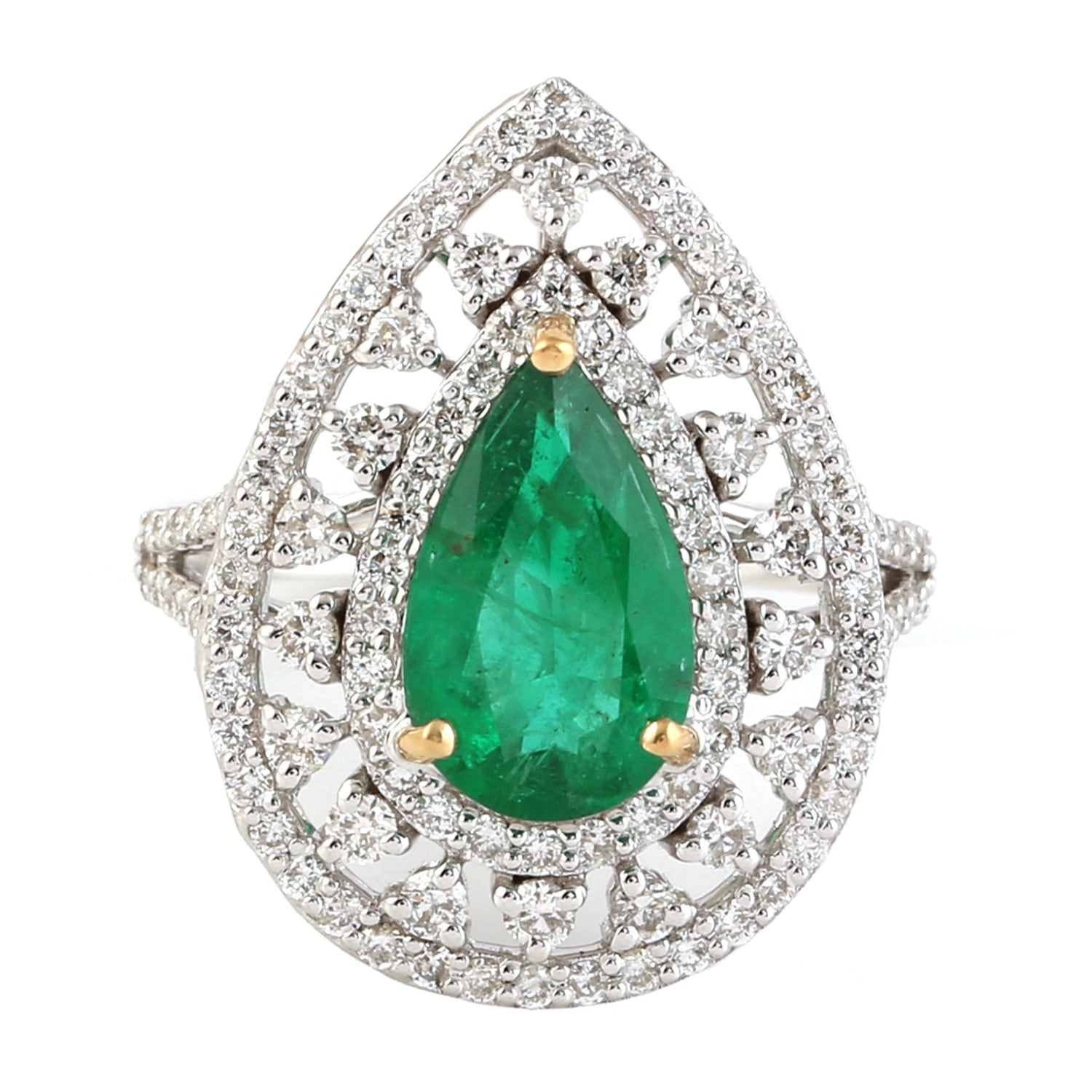 Pear Cut Emerald Gemstone Pave Diamond Cocktail Ring In 18K White Gold