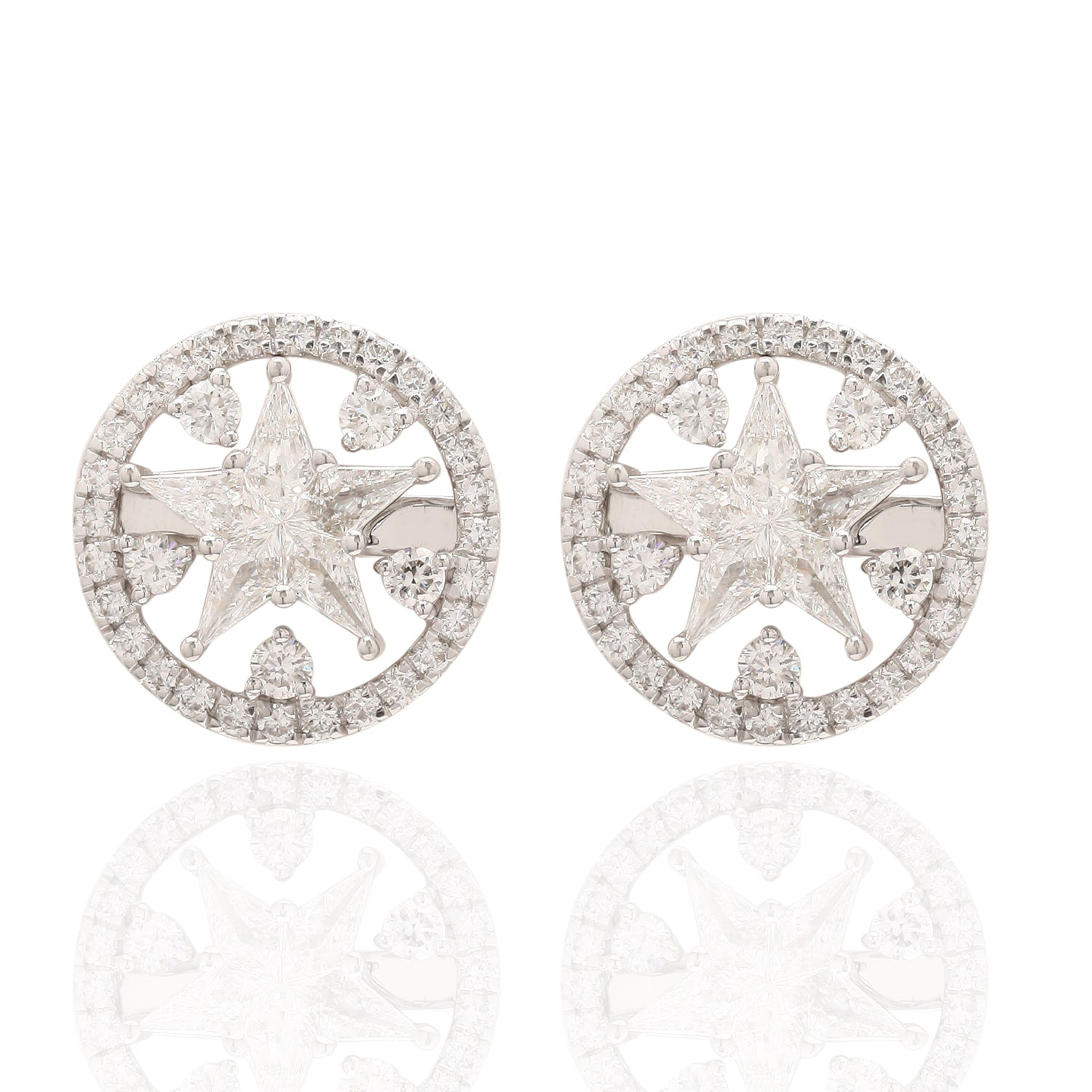 Natural Rose Cut Diamond Star Stud Earrings In 18K White Gold