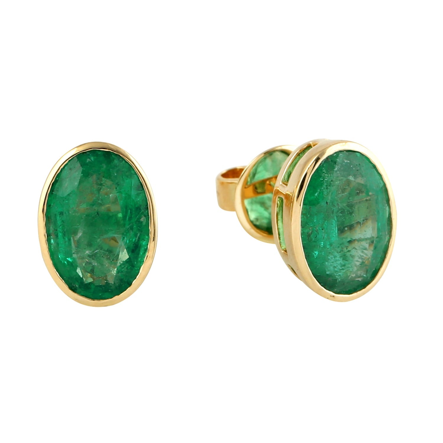 Oval Cut Emerald Gemstone Stud Earrings In 18K Yellow Gold