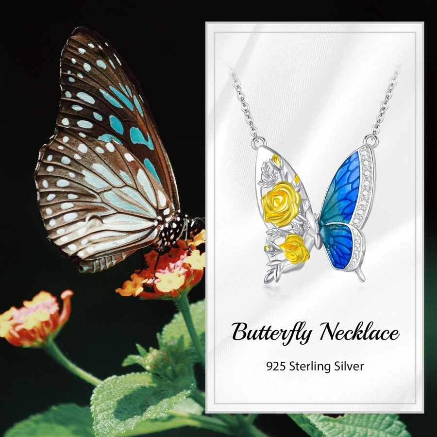 Sterling Silver Two-tone Butterfly & Rose Necklace for Women