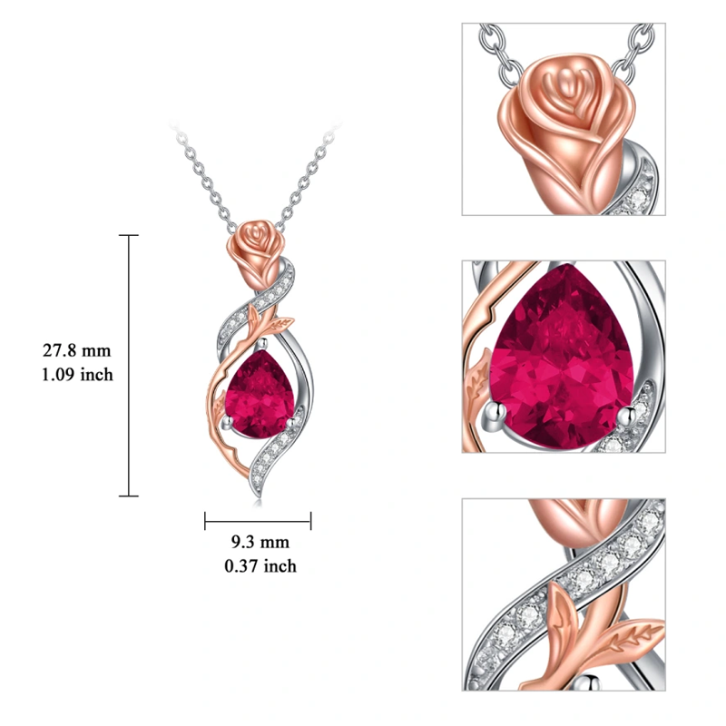 Sterling Silver Two-tone Personalized Birthstone Rose Drop Necklace for Women