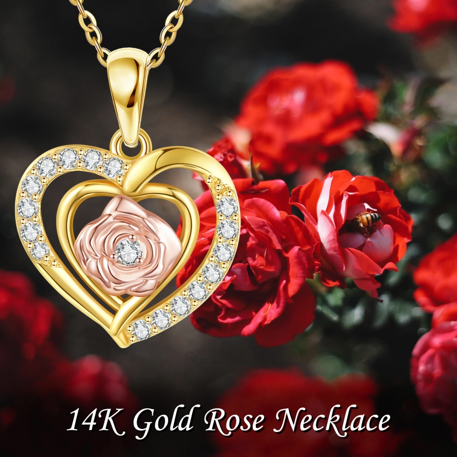 Sterling Silver Two-tone Cubic Zirconia Rose & Heart With Heart Necklace for Women