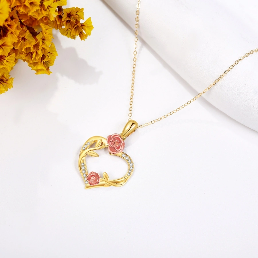 Sterling Silver Two-tone Cubic Zirconia Rose & Heart Necklace for Women