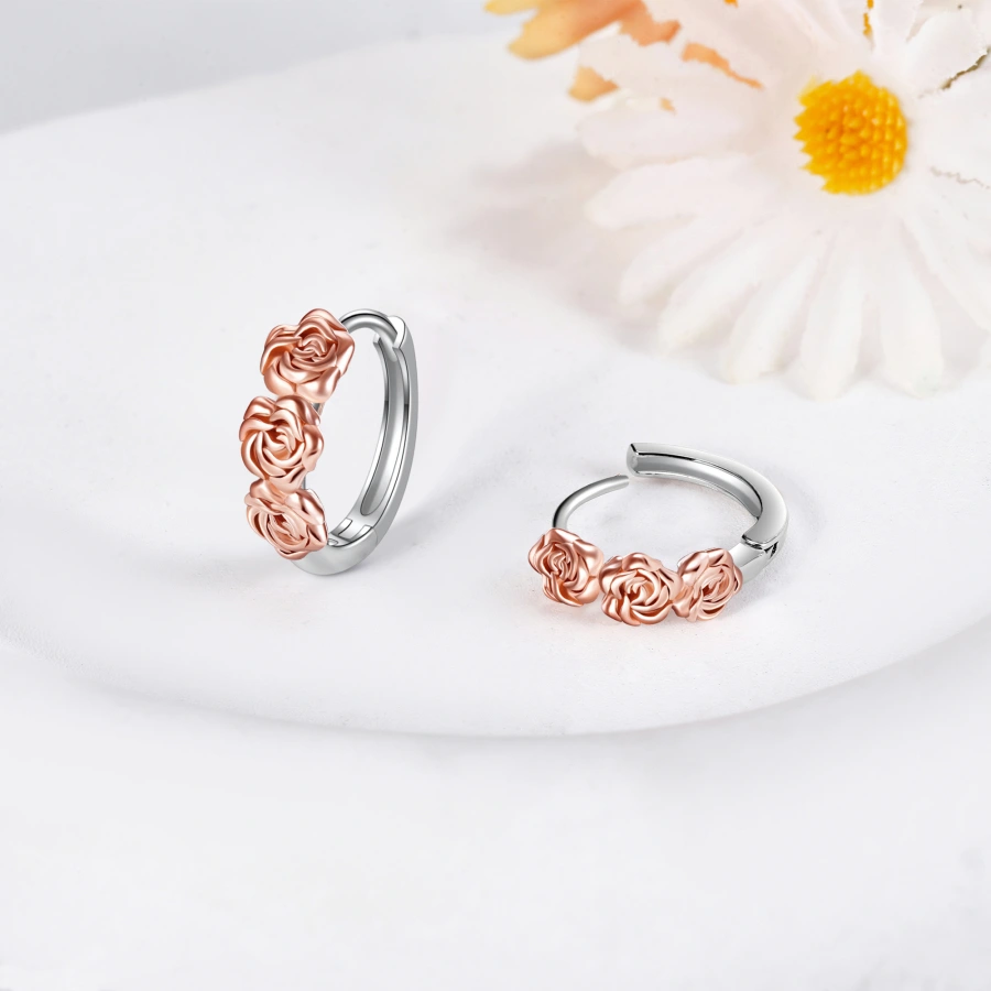 Sterling Silver Two-tone Rose Hoop Earrings for Women