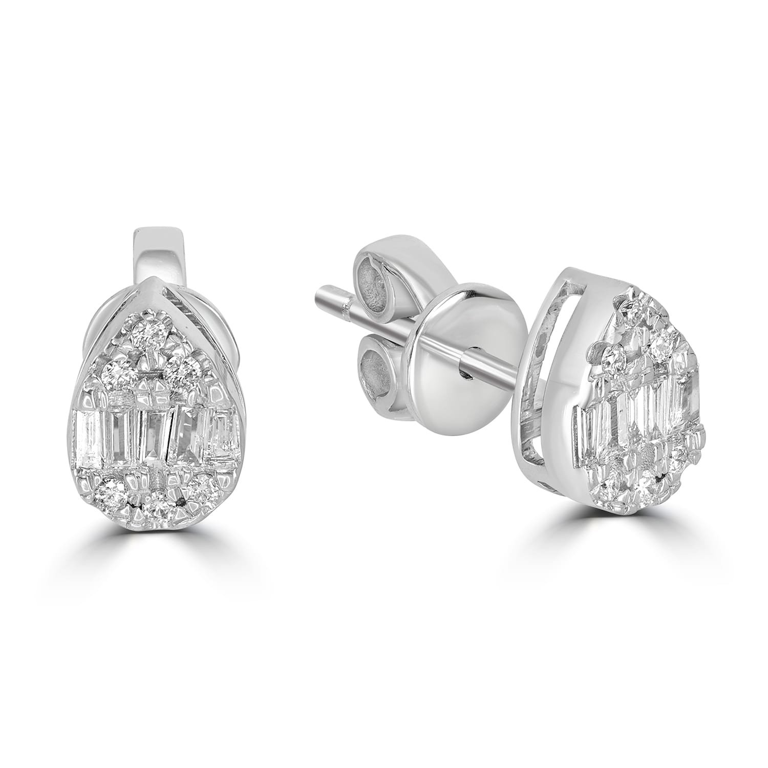 18K White Gold Baguette Cut Diamond Pear Stud Earrings