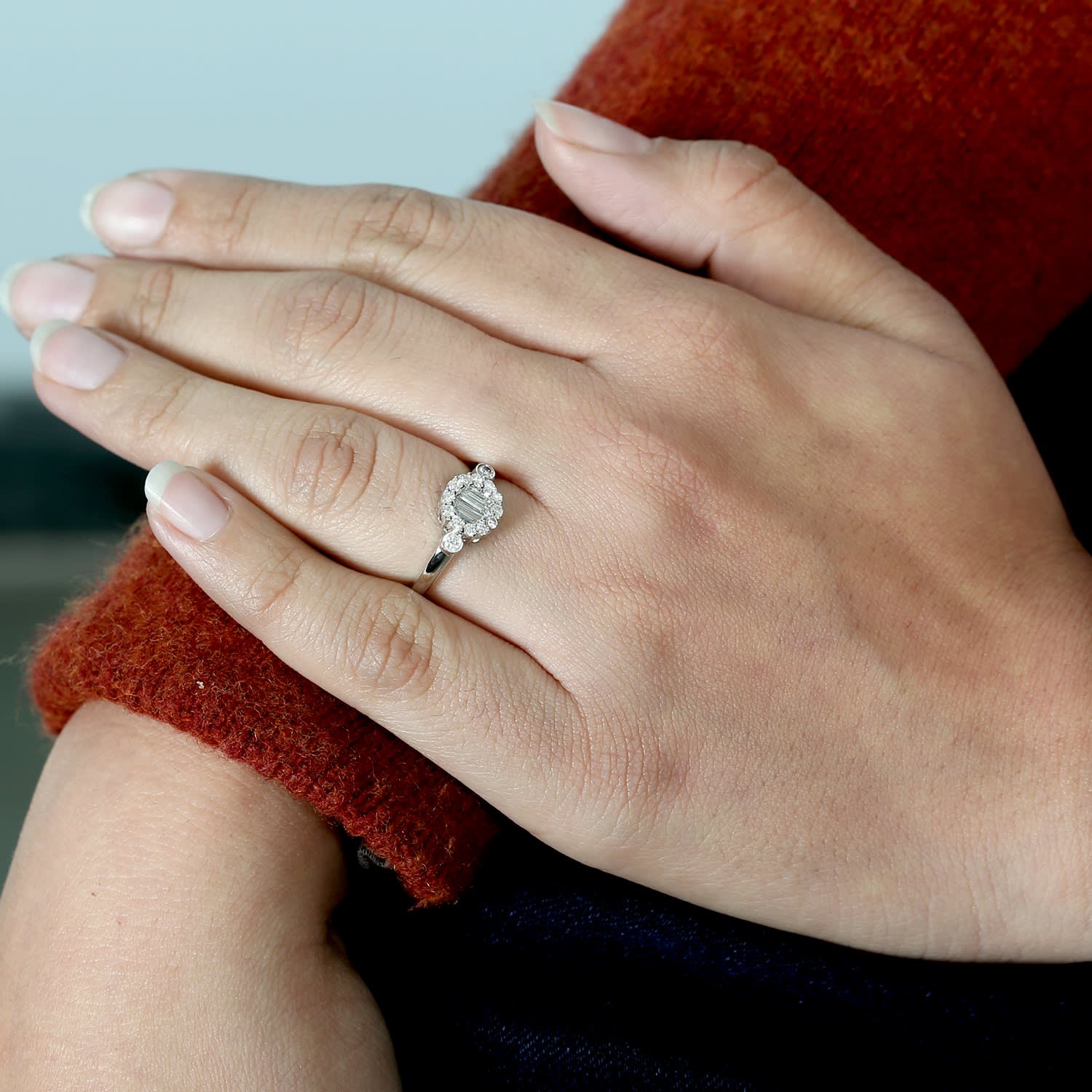 18K White Gold With Baguette Natural Diamond Cocktail Ring