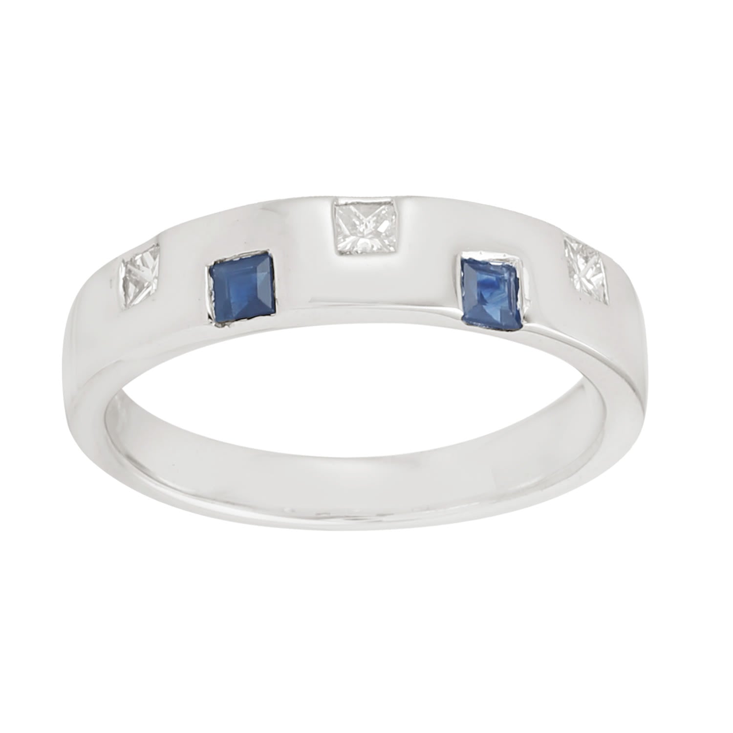 18K White Gold Blue Sapphire Gemstone & Diamond Band Ring