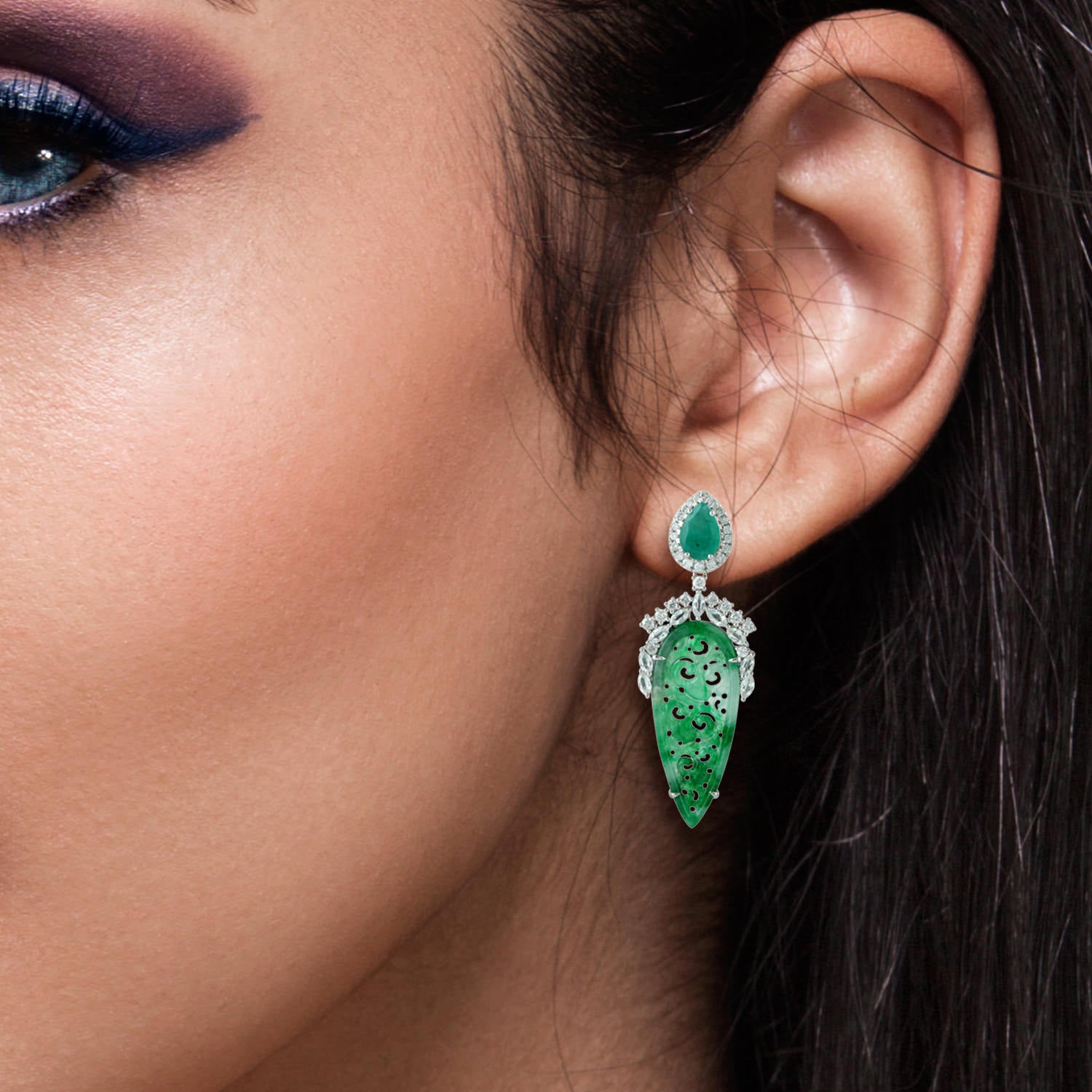Carved Jade & Emerald Prong Sapphire Dangle Earrings In White Gold