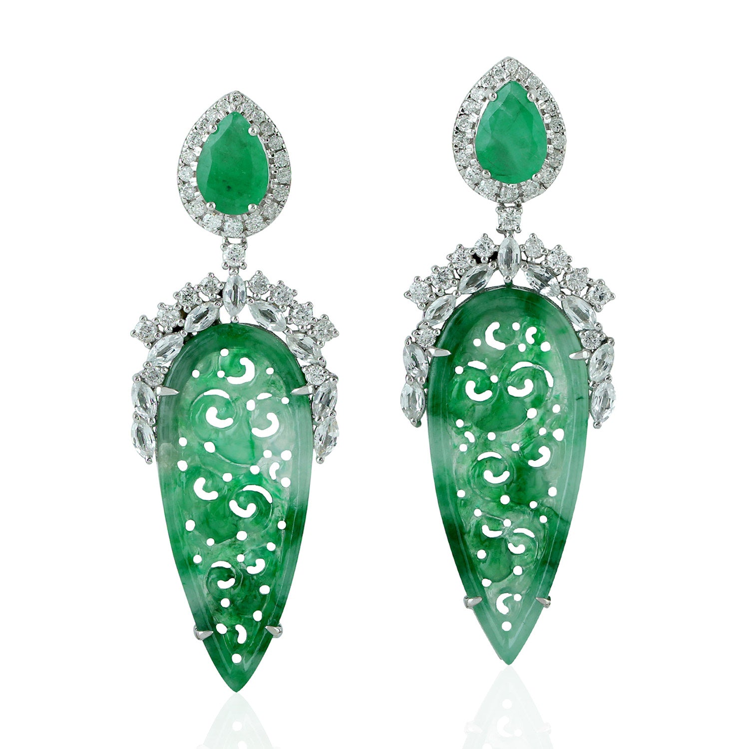 Carved Jade & Emerald Prong Sapphire Dangle Earrings In White Gold