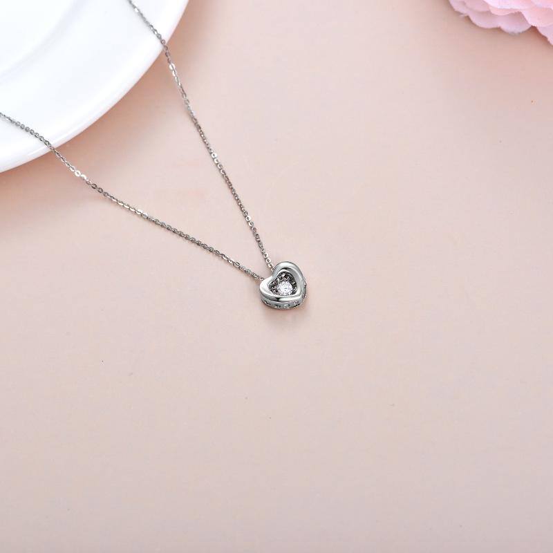18K White Gold Circular Cubic Zirconia Heart Interlocking Pendant Necklace For Women