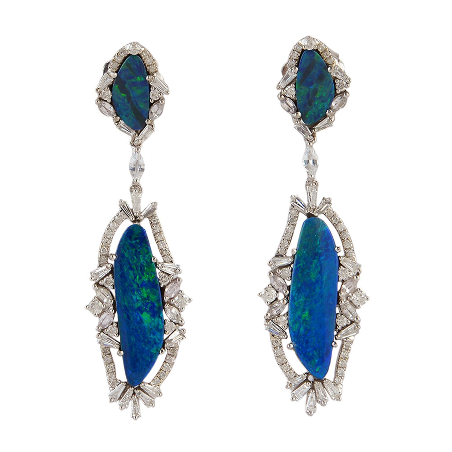 Opal Doublet & Sapphire Baguette Diamond Dangle Earrings In White Gold