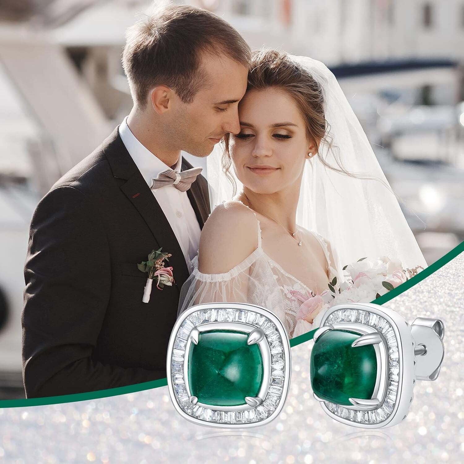18K White Gold Emerald Couple Square Stud Earrings for Women Engagement Wedding