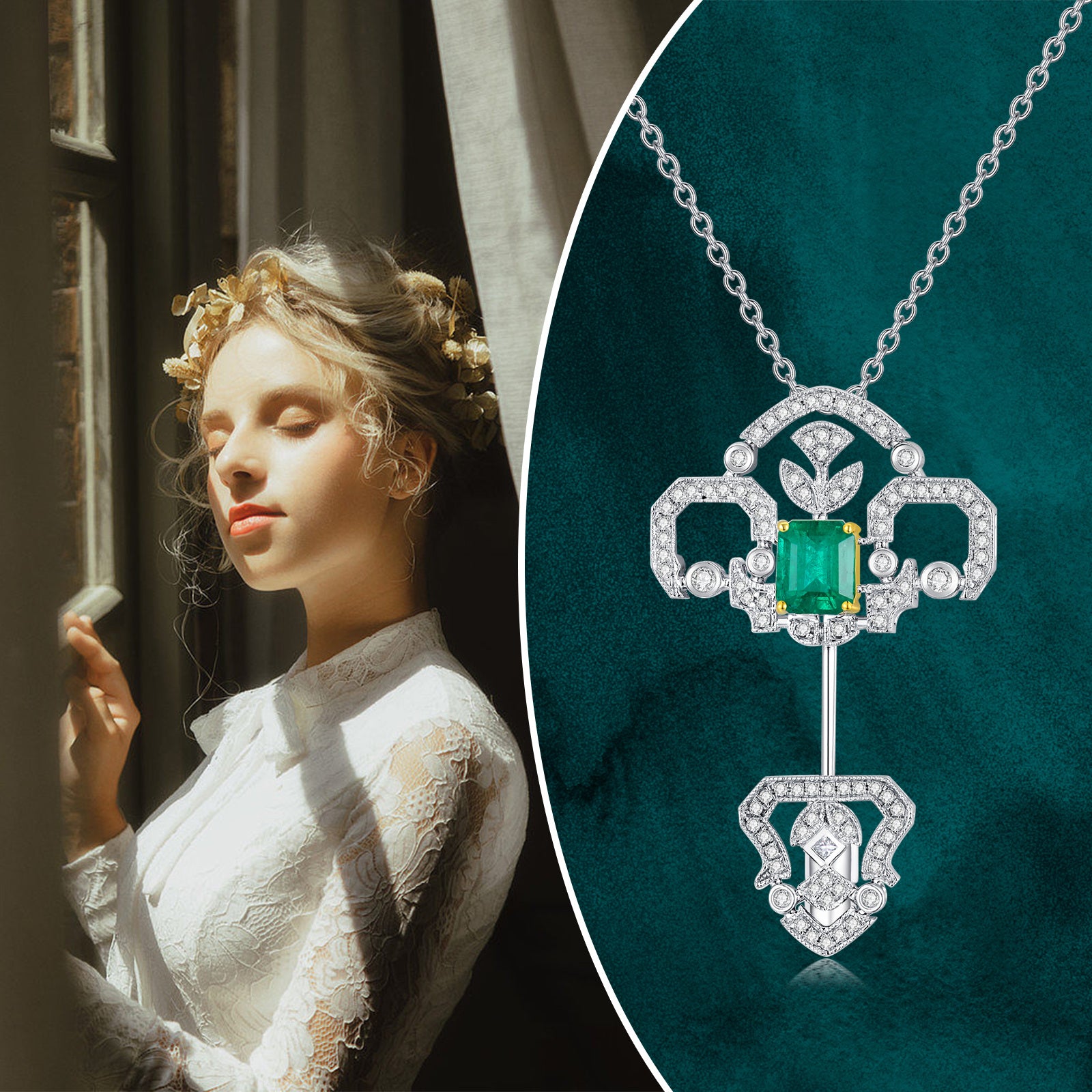 18K White Gold Emerald Key Pendant Necklace