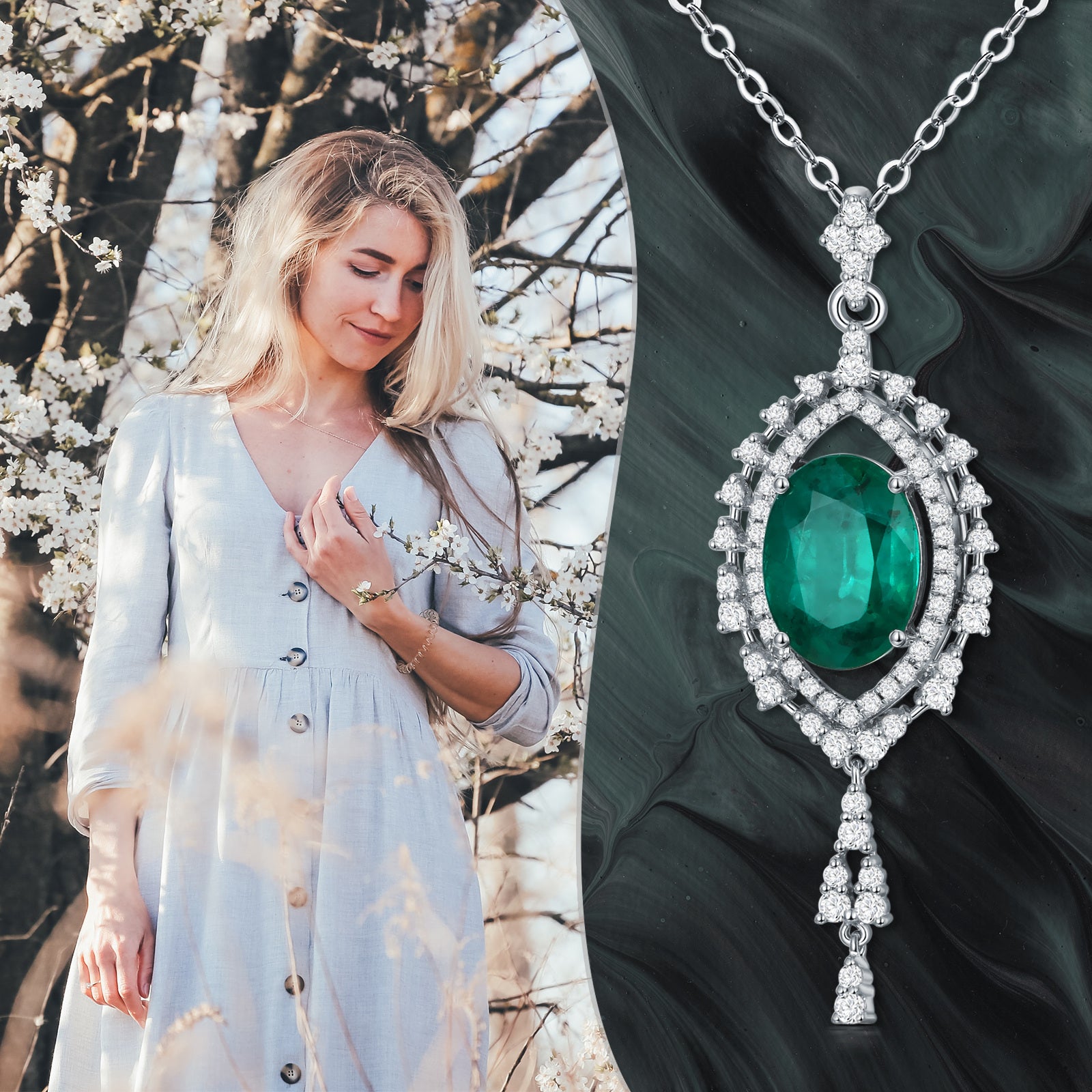 18K White Gold Emerald Oval Shaped Pendant Necklace