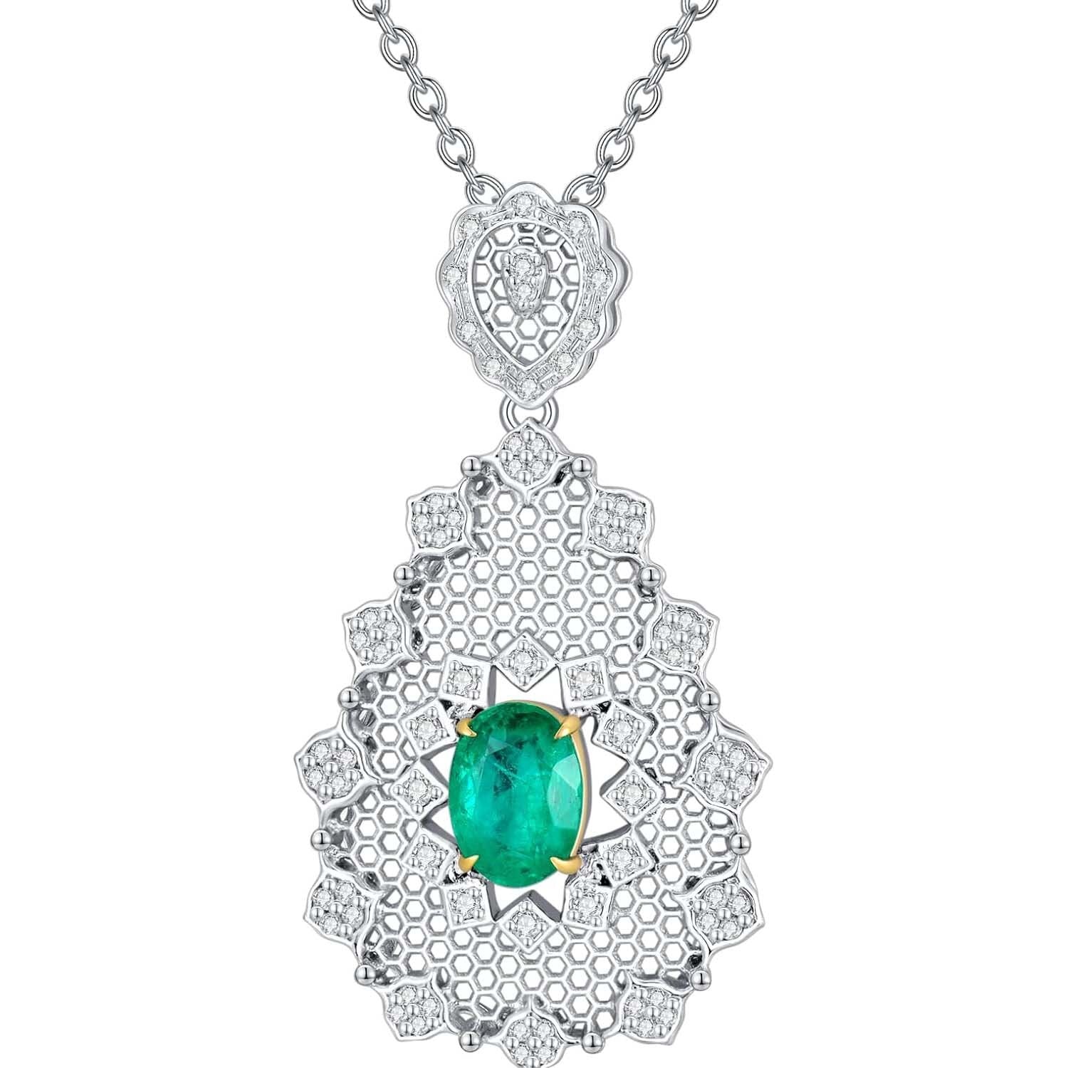 18K White Gold Emerald Square Necklace Engagement Wedding Gift for Her