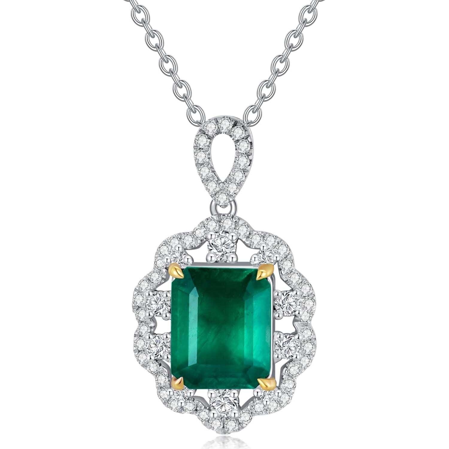 18K White Gold Emerald Wildflowers Necklace Engagement Wedding Gift for Her