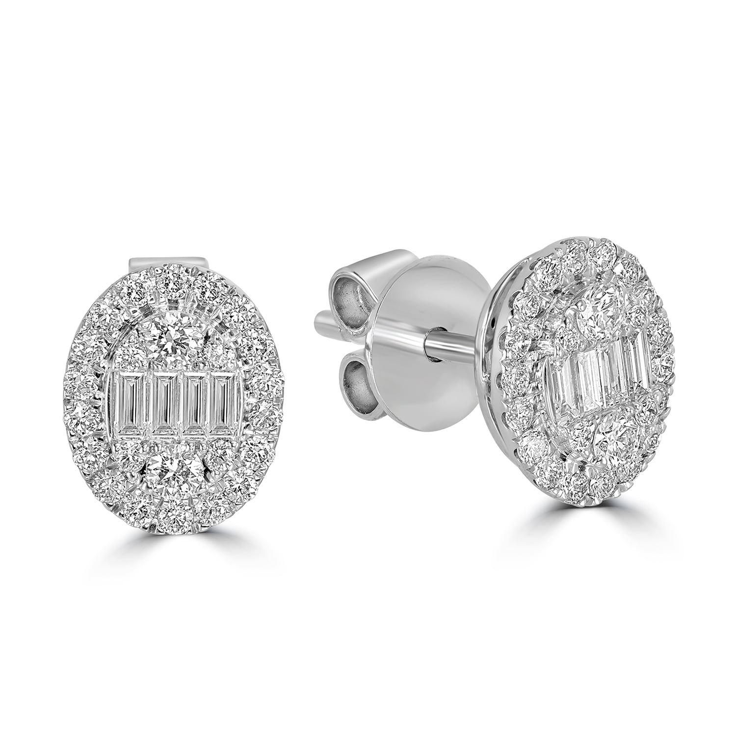 18K White Gold Oval Stud Earrings With Natural Baguette Diamond