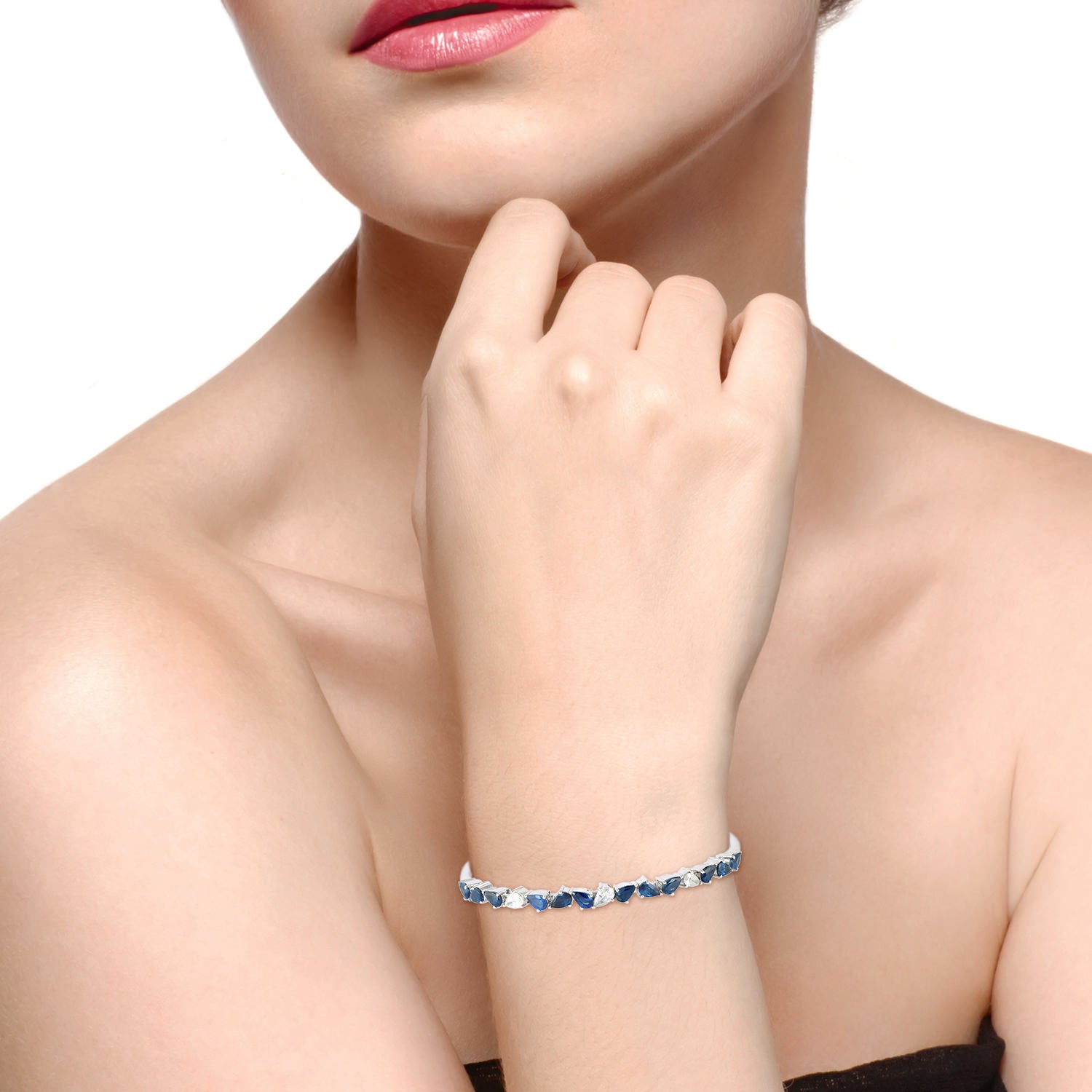 Natural Blue Sapphire & Rose Cut Diamond Cuff Bracelet In White Gold