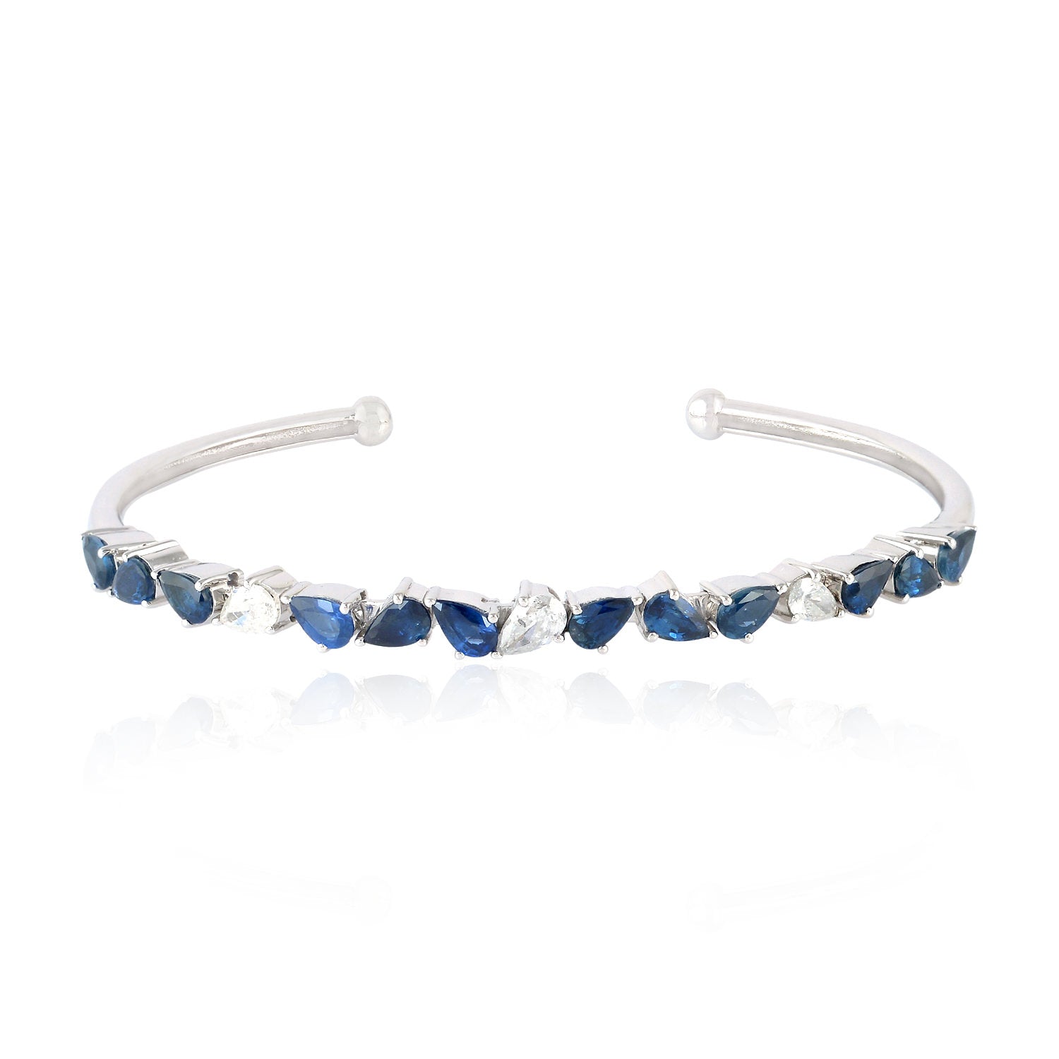 Natural Blue Sapphire & Rose Cut Diamond Cuff Bracelet In White Gold