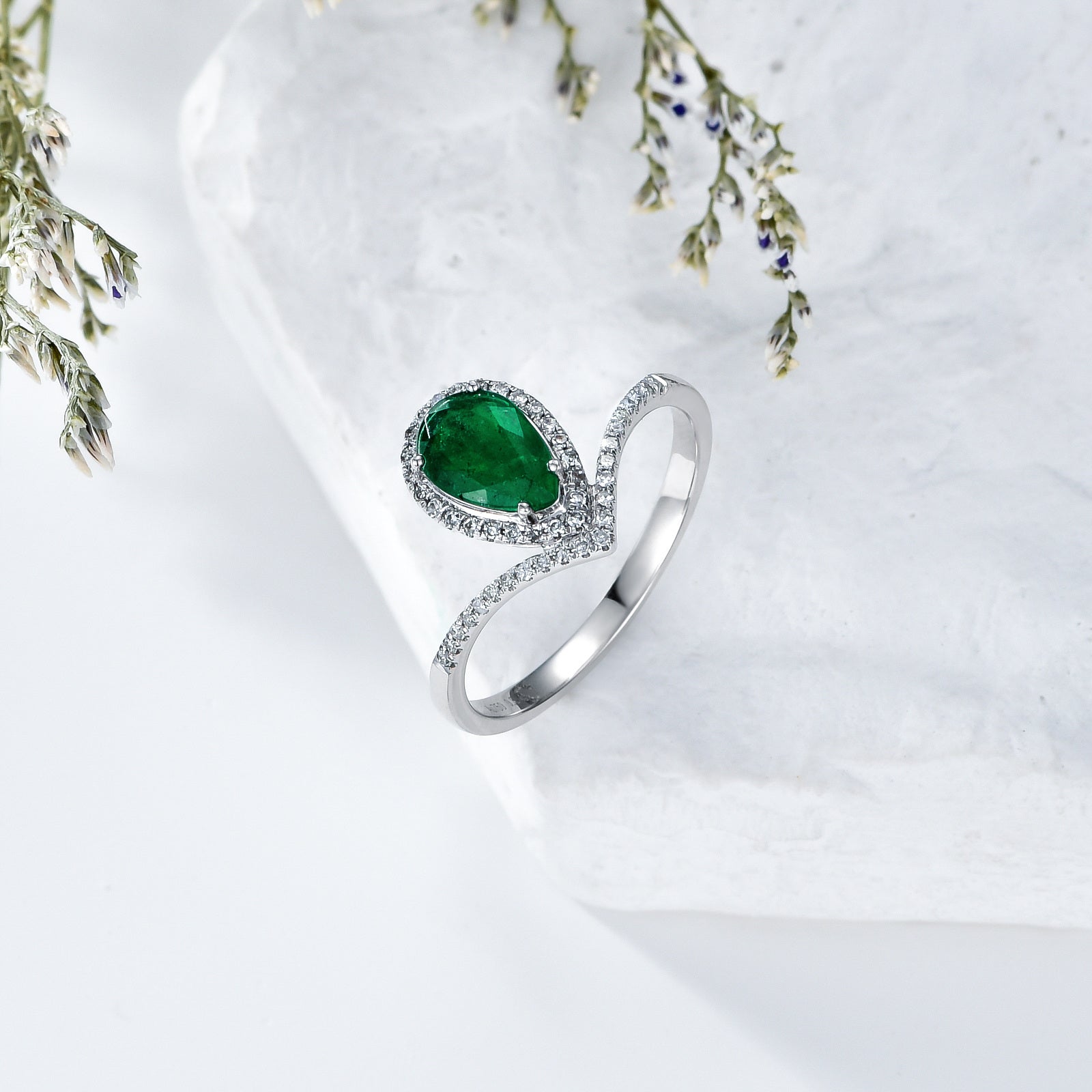 18K White Gold 2.5 to 7.5 CT.T.W. Pear Cut Emerald Custom Engagement Ring Anniversary Ring