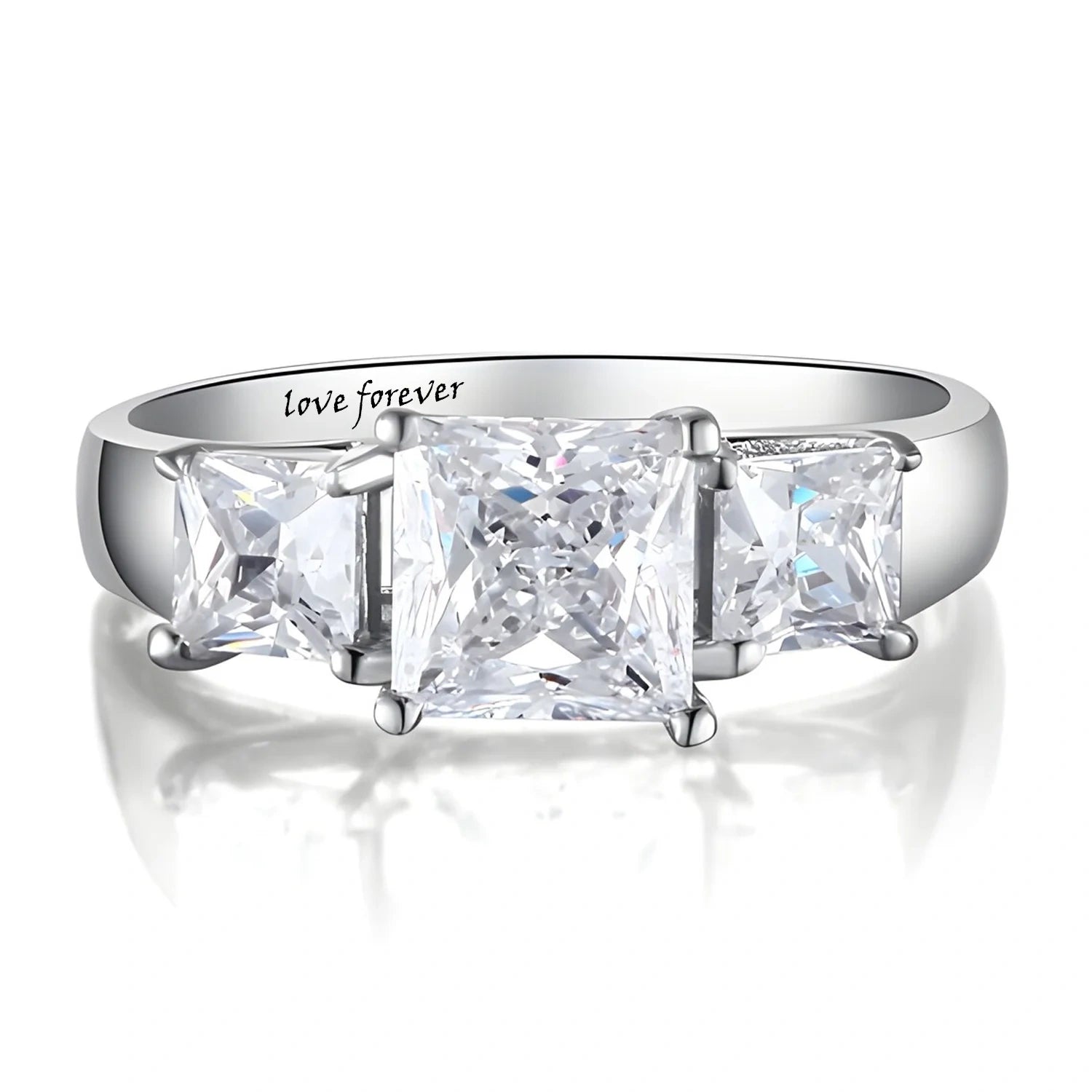 9K White Gold Princess Cut Shaped Moissanite Square Engagement Ring with Engraved Word