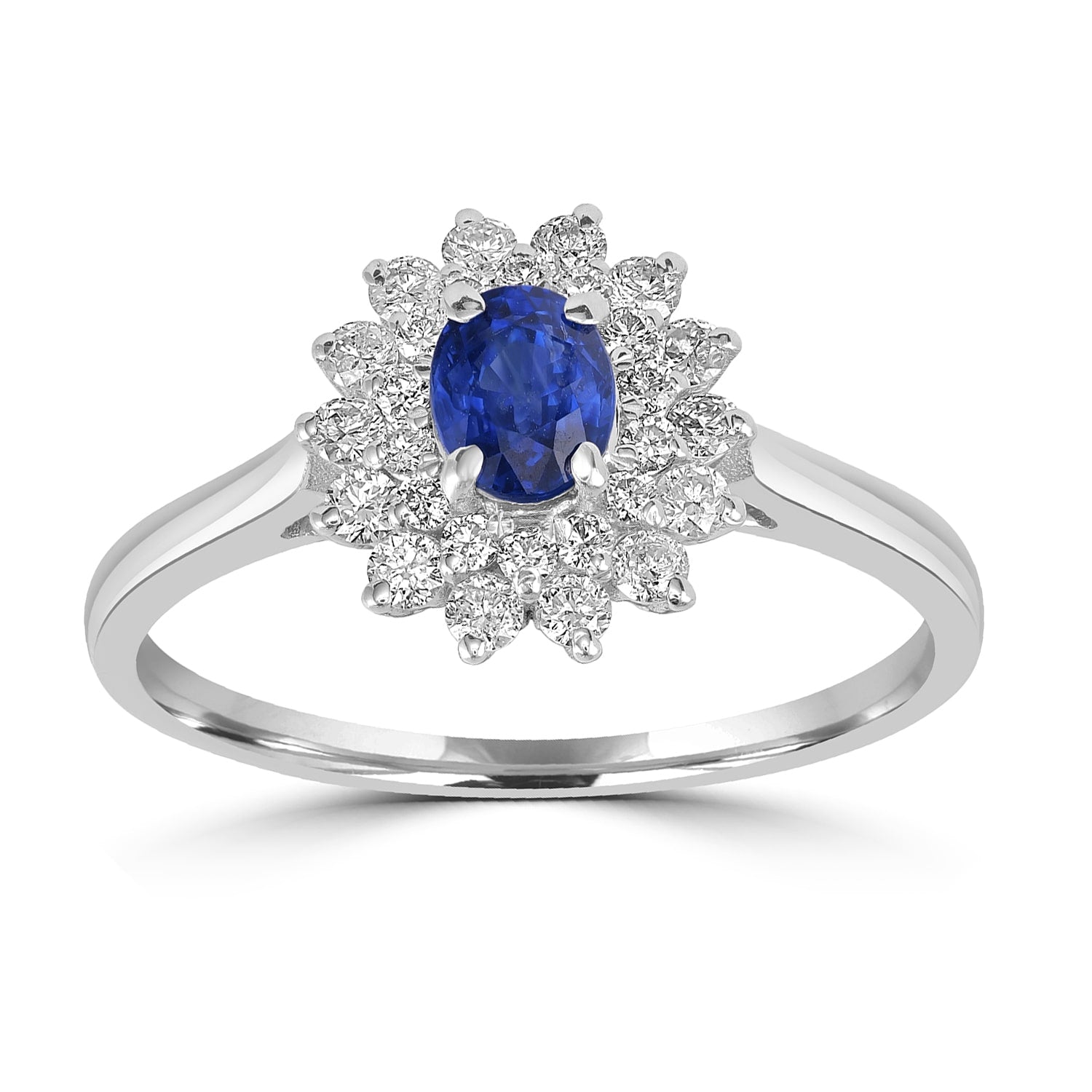 18K White Gold Prong Blue Sapphire & Diamond Flower Design Ring