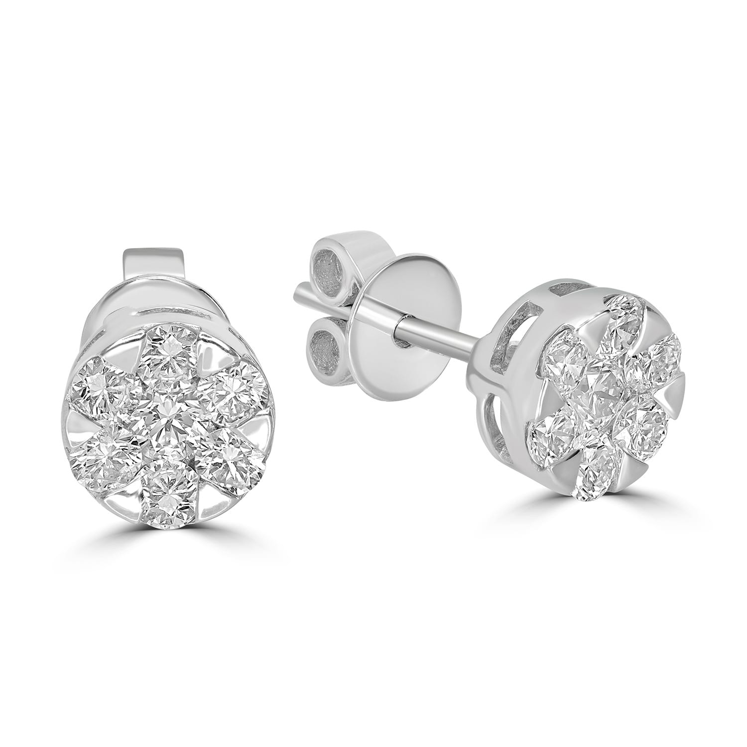 18K White Gold Diamond Floral Cluster Stud Earrings