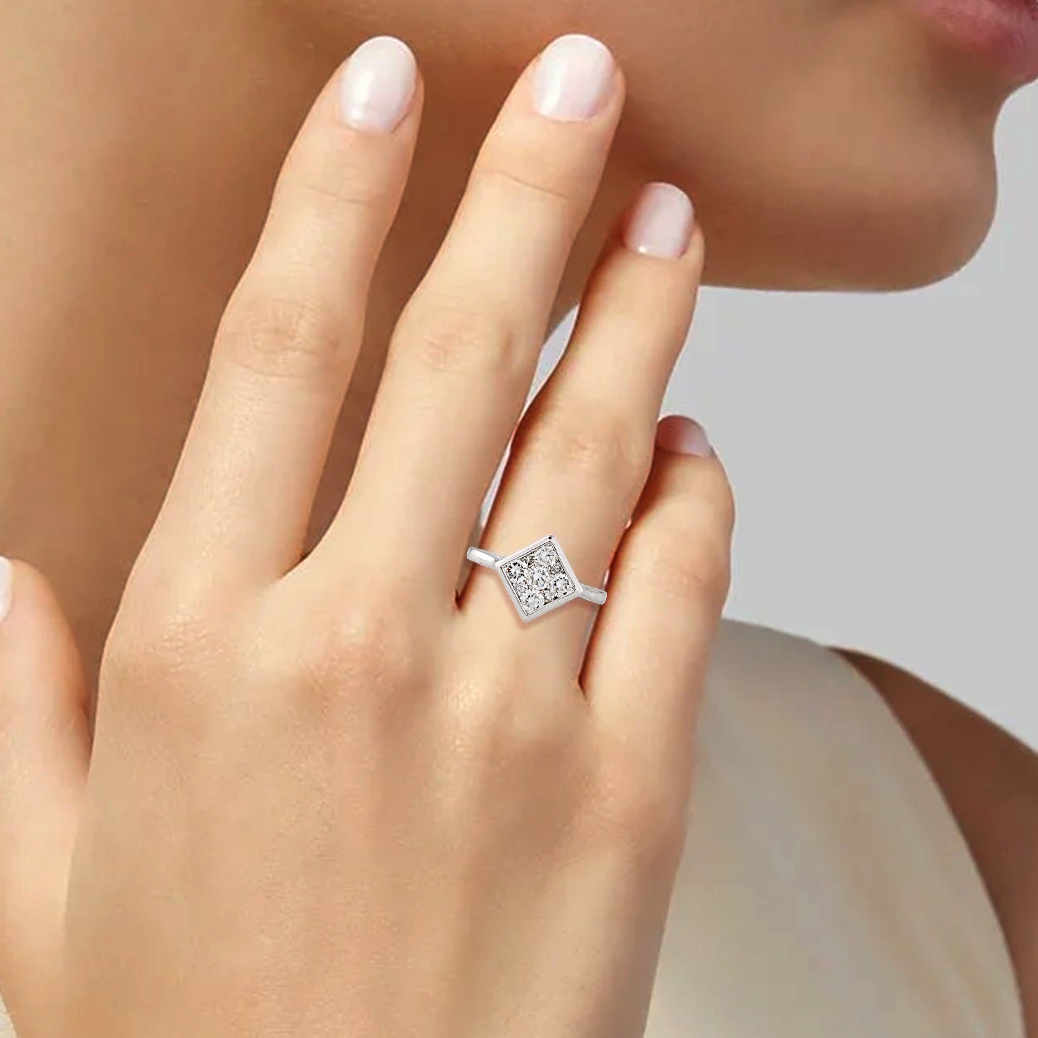 18K White Gold Prong-Set Diamond Square Ring