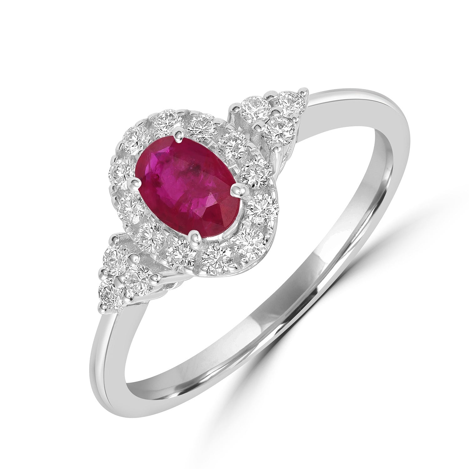 Oval Ruby & Diamond Halo Ring In White Gold