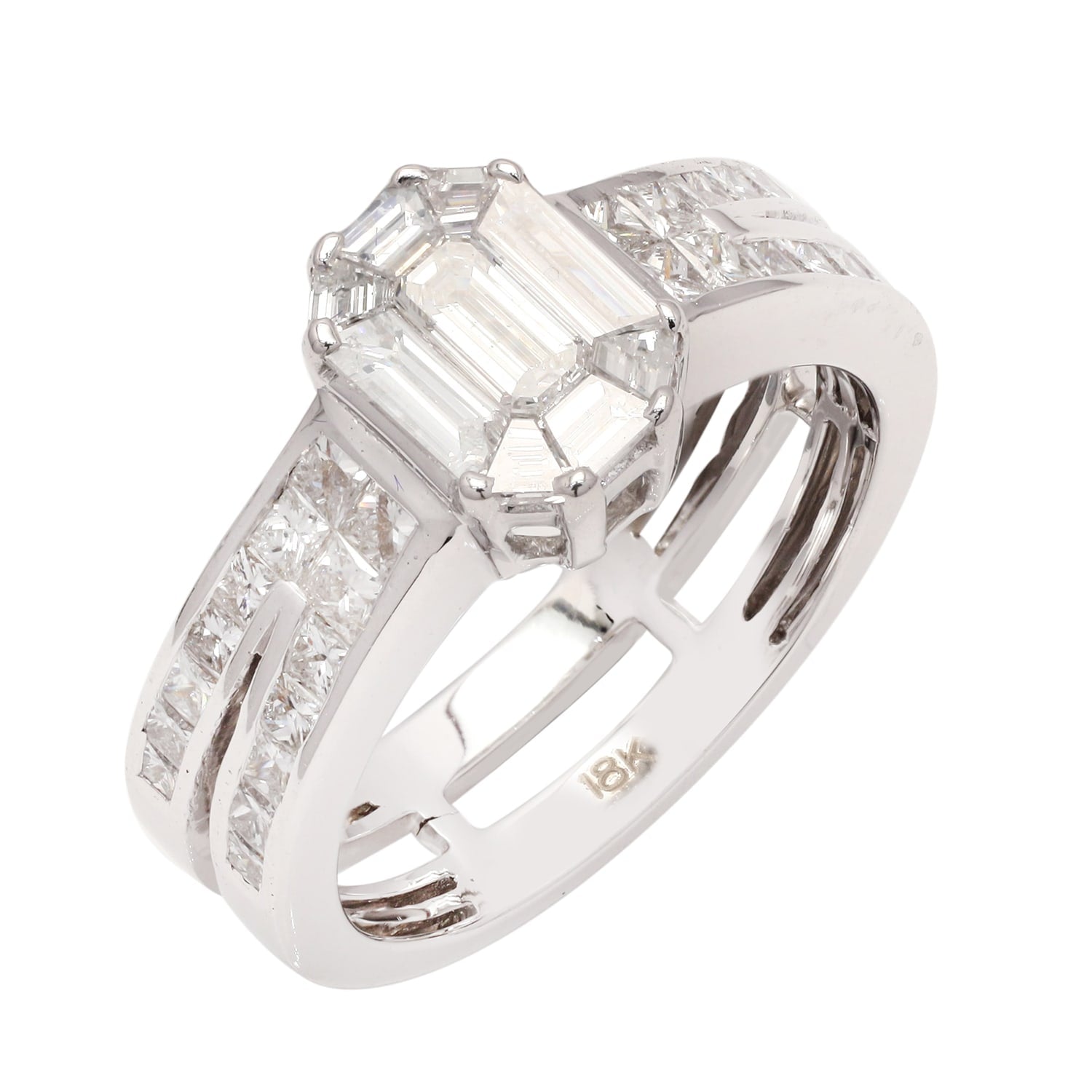 Natural Emerald Cut Diamond Cocktail Ring In 18K White Gold