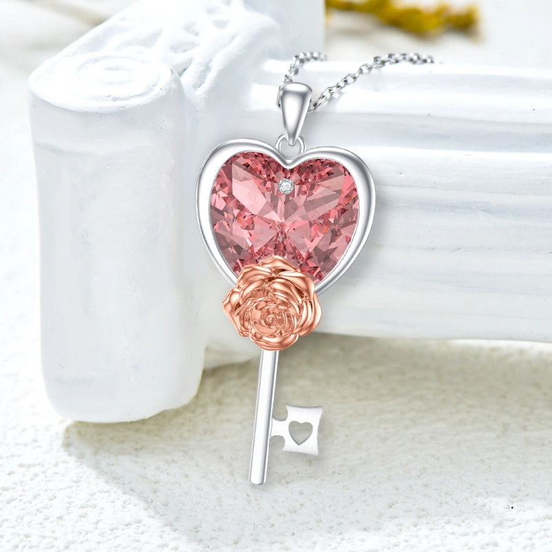 Sterling Silver Cubic Zirconia Rose Heart Lock Necklace for Women
