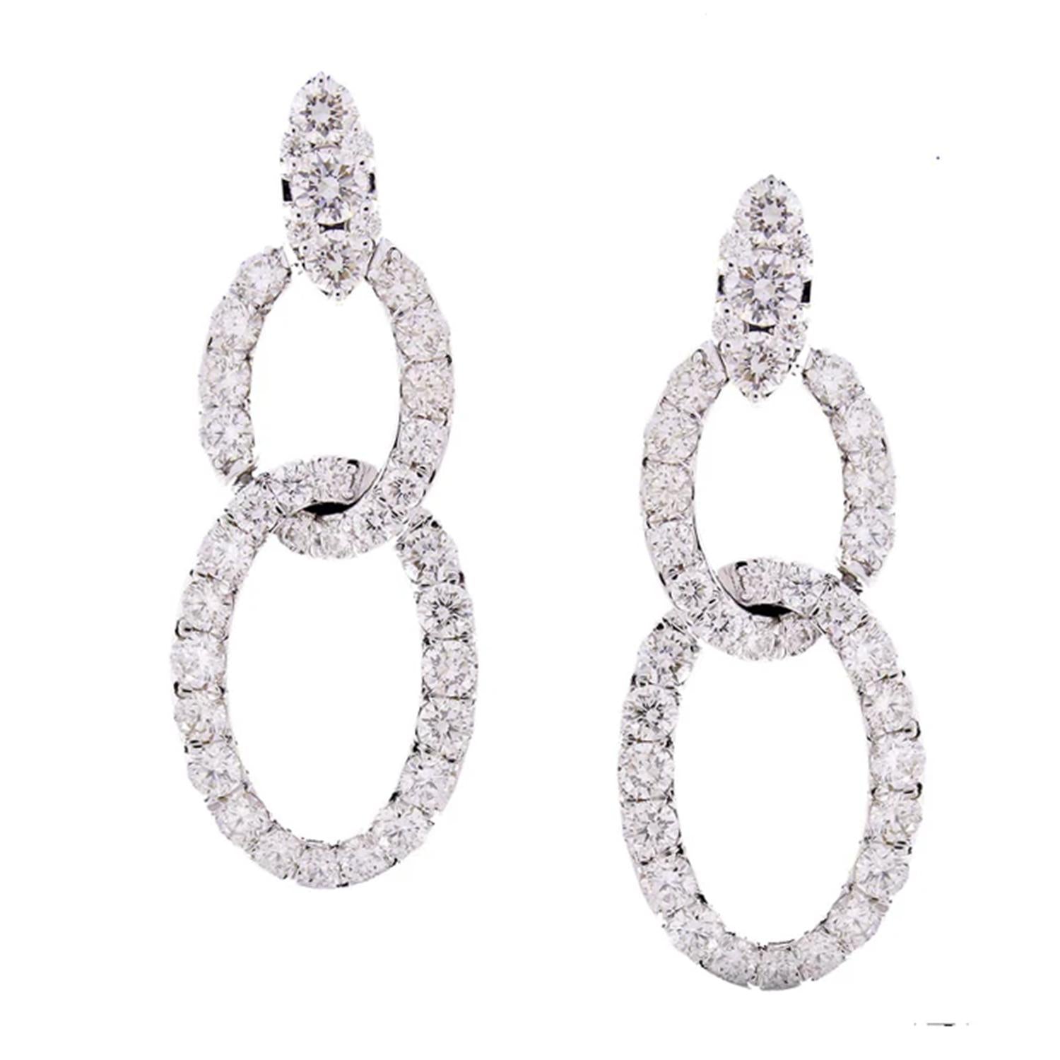 18K White Gold Round Dangle Earrings Pave Diamond