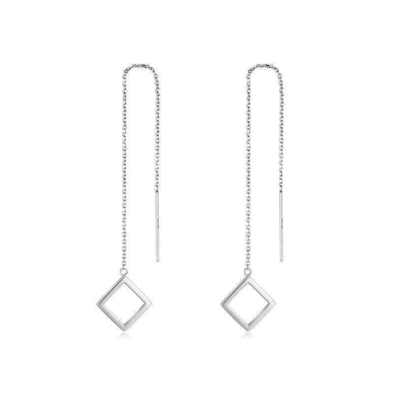 18k White Gold Square Long Chain Dangle Threader Earrings for Women