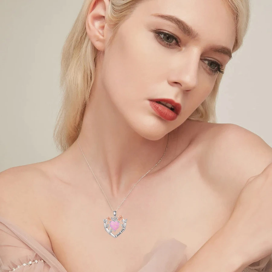 Sterling Silver Two-tone Moissanite & Opal Rose Heart Necklace for Women