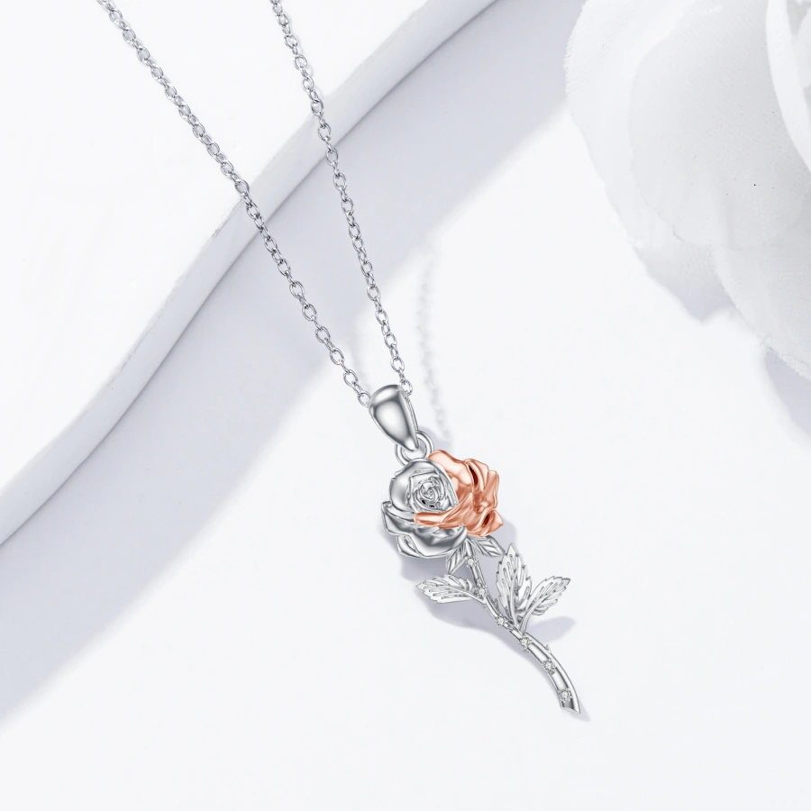 Sterling Silver Two-tone Cubic Zirconia Rose Necklace for Women