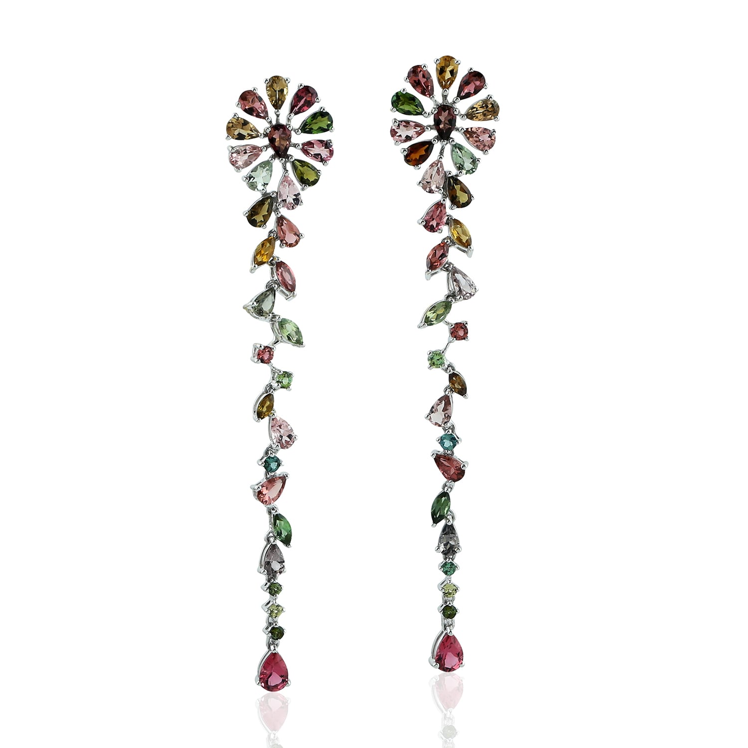Multicolor Tourmaline Gemstone Flower Earrings In White Gold