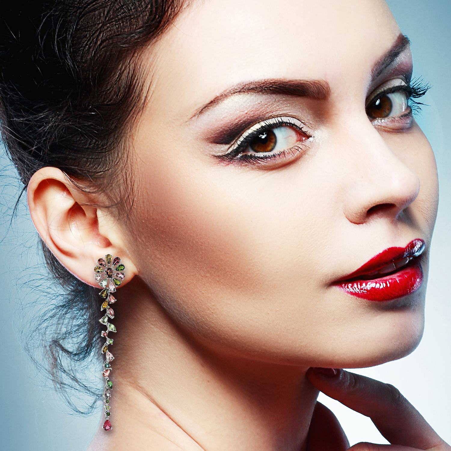 Multicolor Tourmaline Gemstone Flower Earrings In White Gold