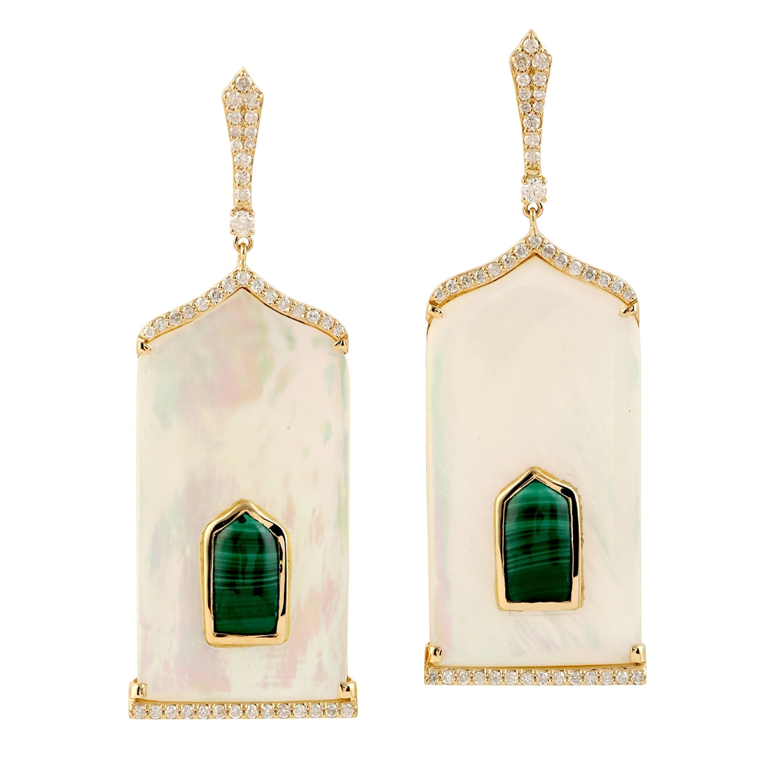 Mop & Malachite Gemstone Pave Diamond In Gold Dangle Earrings