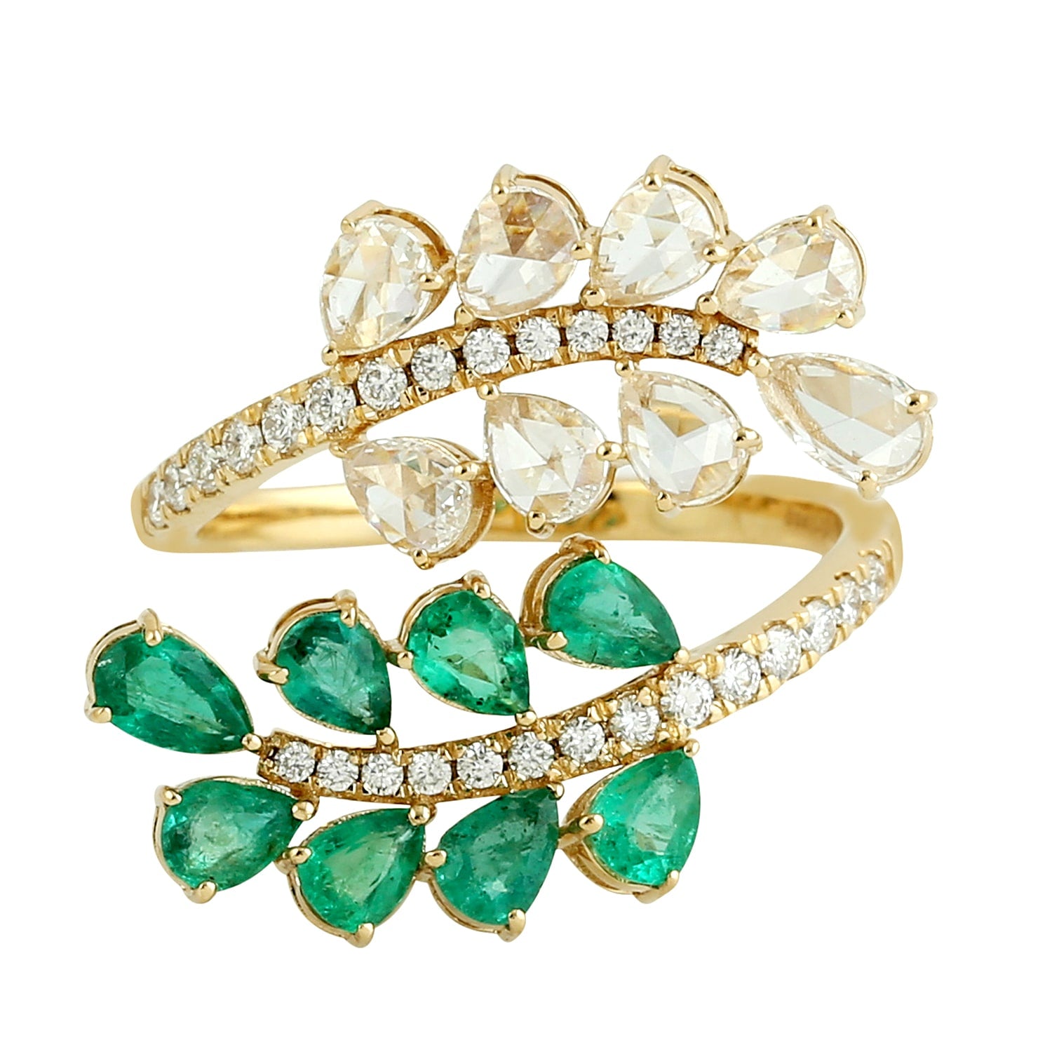 Emerald & Rose Cut Diamond Bypass Ring In 18K Yellow Gold
