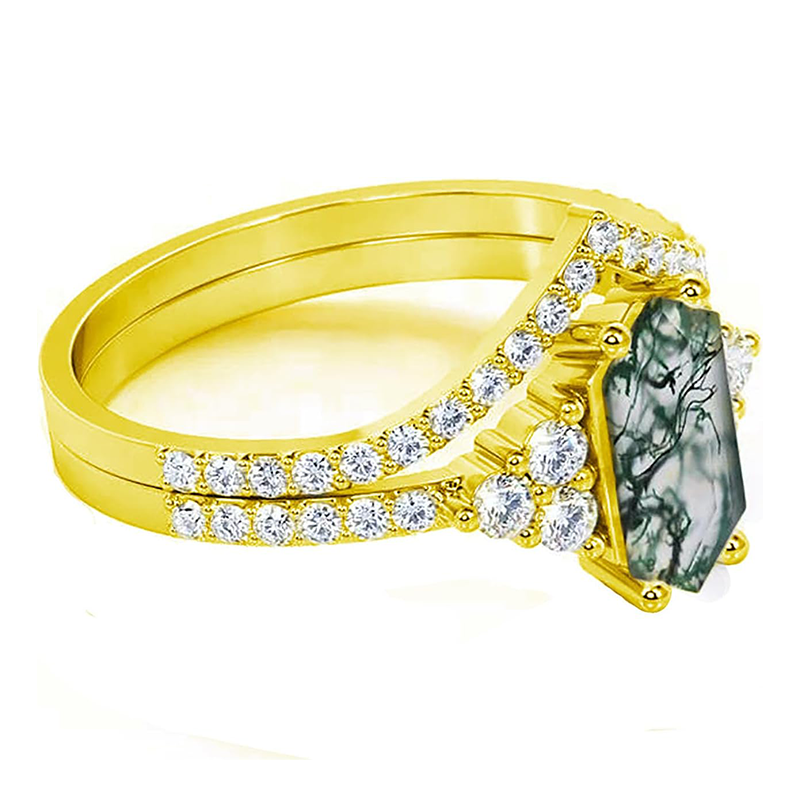 18K Yellow Gold Moss Agate With Moissanite Ring
