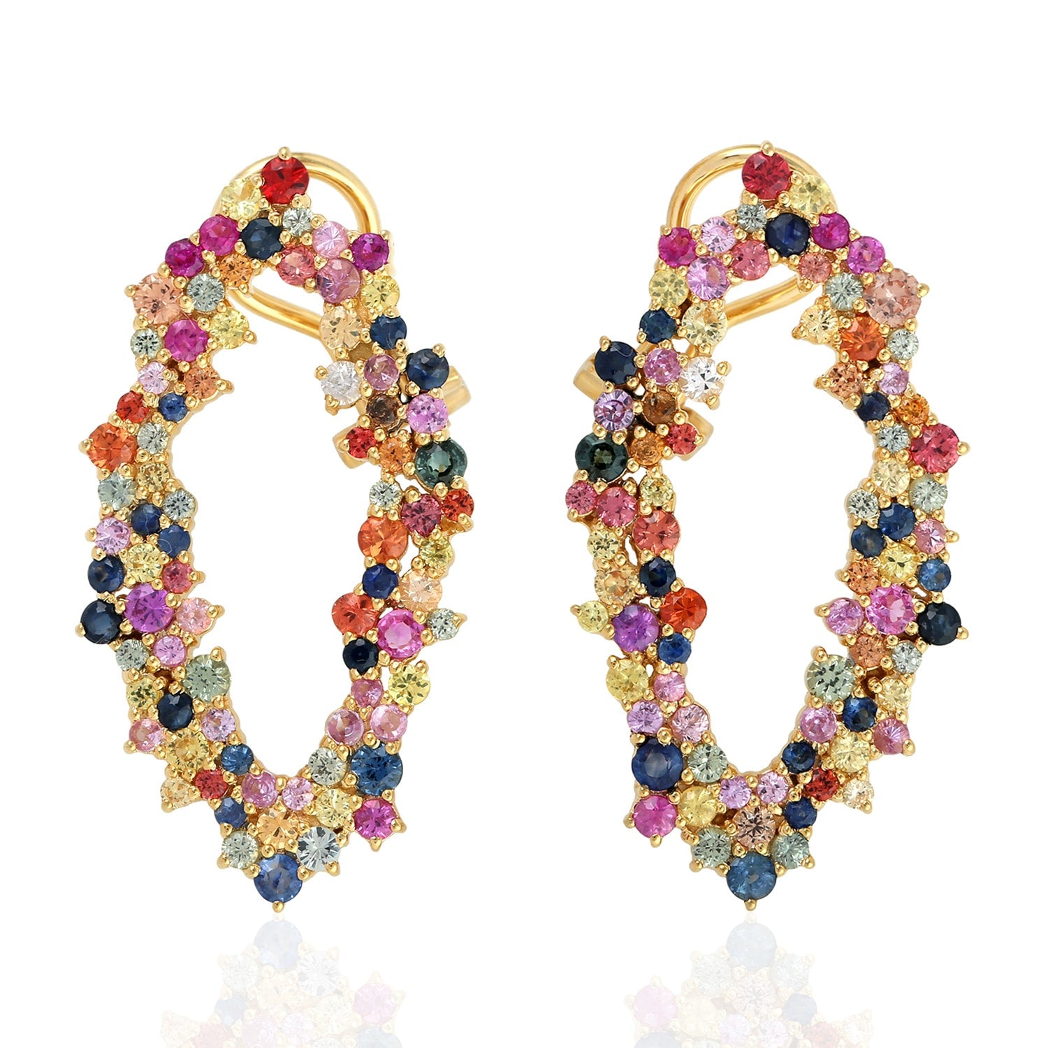 Multicolor Sapphire Gemstone Dangle Clip On Earrings In Yellow Gold