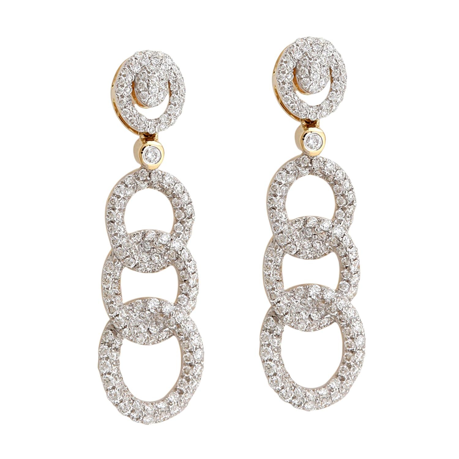 18K Yellow Gold Pave Diamond Layard Link Dangle Earrings