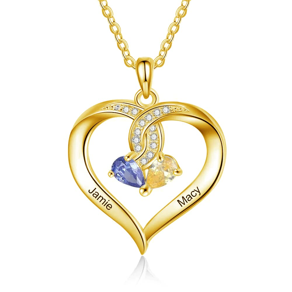 14K Yellow Gold Personalized Birthstone & Engraving Heart Pendant Necklace For Women Best Friends