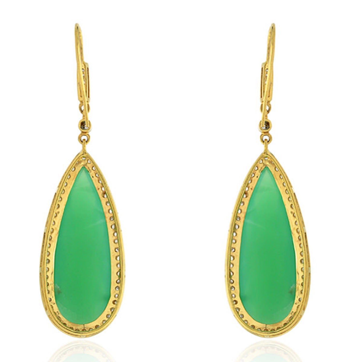 Chrysoprase Pave Diamond Ear Hook Dangle Earrings In 18Kt Gold