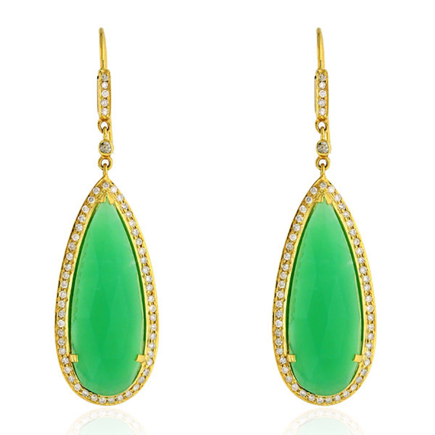 Chrysoprase Pave Diamond Ear Hook Dangle Earrings In 18Kt Gold