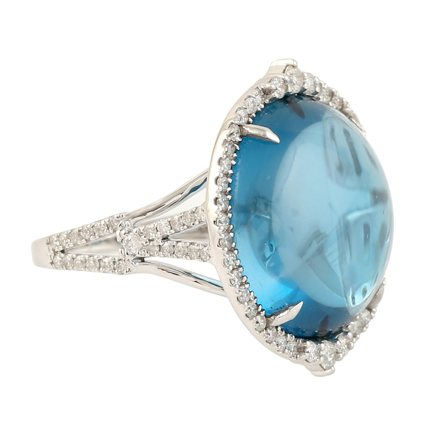 18k White Gold Blue Topaz Pave Diamond Cocktail Ring Handmade Jewelry -  - Aureus Boutique