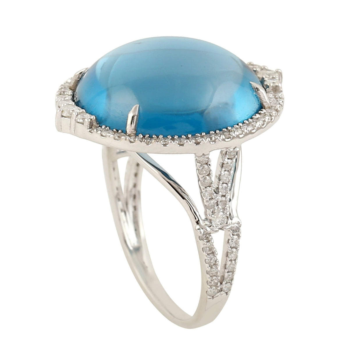 18k White Gold Blue Topaz Pave Diamond Cocktail Ring Handmade Jewelry -  - Aureus Boutique