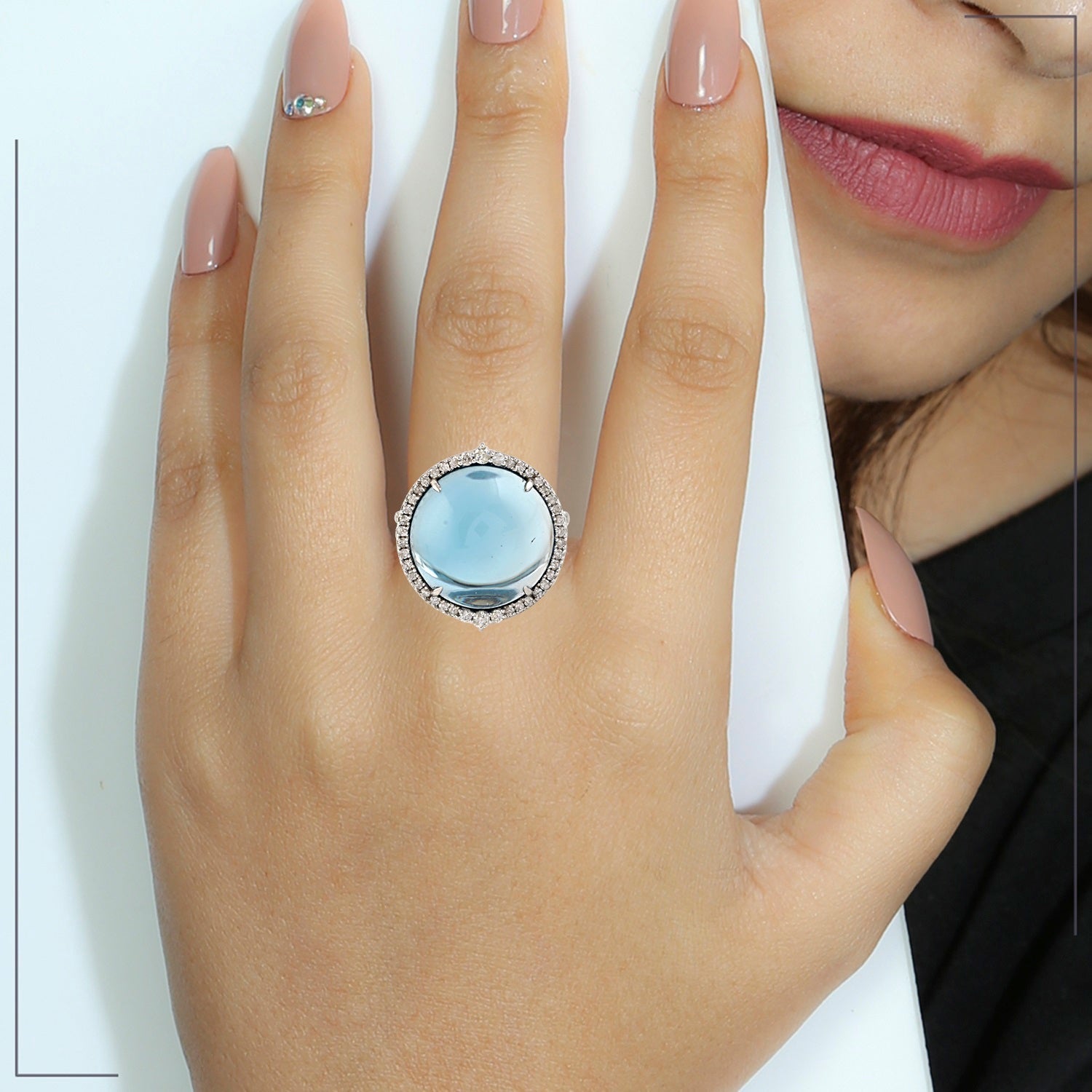 18k White Gold Blue Topaz Pave Diamond Cocktail Ring Handmade Jewelry -  - Aureus Boutique